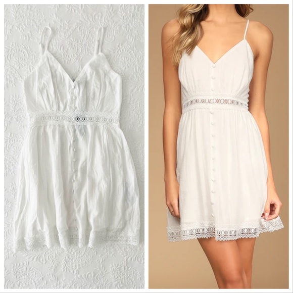 NWT Lulus Forever Sunny White Crochet Lace Button-Front Mini Dress Medium - Picture 1 of 9
